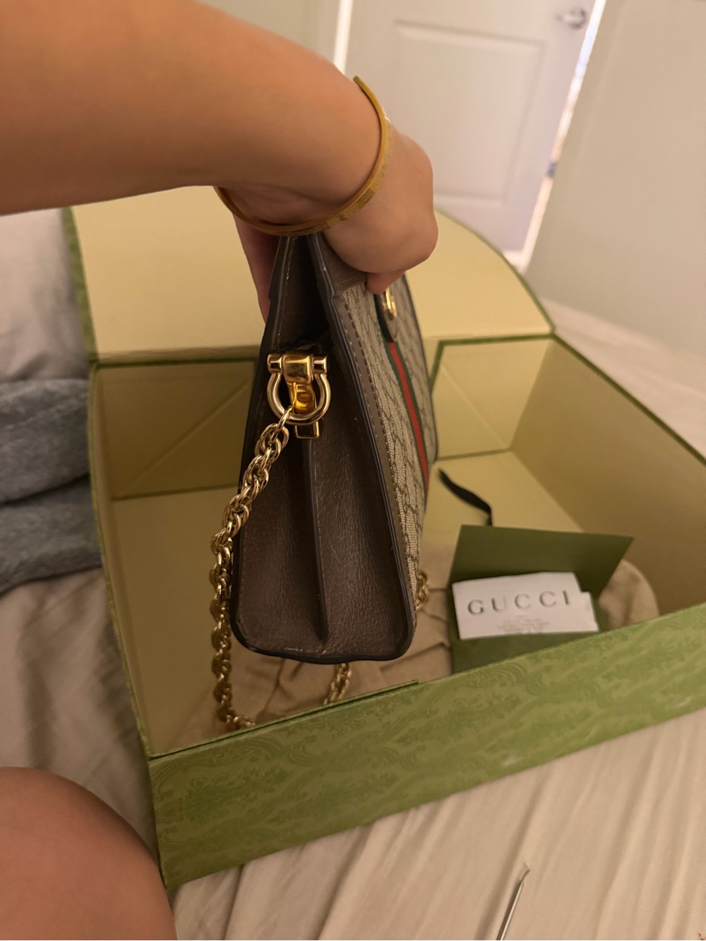 Gucci Brown GG Canvas Shoulder Bag with Green-Red Web Stripe - Picture 5 of 10